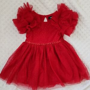 Zunie Bright Red Glitter Tulle Dress with Ruffled Puff Sleeves
